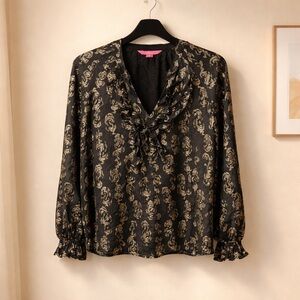 Lilly Pulitzer Angelika Black & Gold Top Size XS Geometric Pattern Ruffle Sleeve